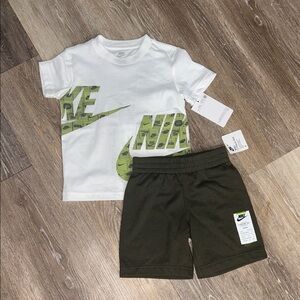 NEW Nike White Tee with Green Logo and Black Shorts